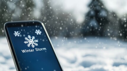 A digital weather app displaying Winter Storm Warning with snowflake icons and plummeting temperatures, overlaid on a snowy landscape photo 