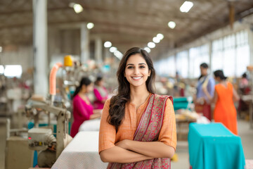 indian woman standing at textile factory confidently