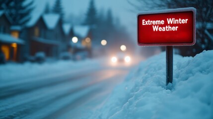 A neighborhood covered in deep snow with glowing red warning text on a broadcast screen reading Extreme Winter Weather Advisory 