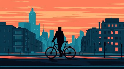 Human Centric Urbanism Concept , Cyclist Silhouette Against Futuristic Urban Skyline at Sunset