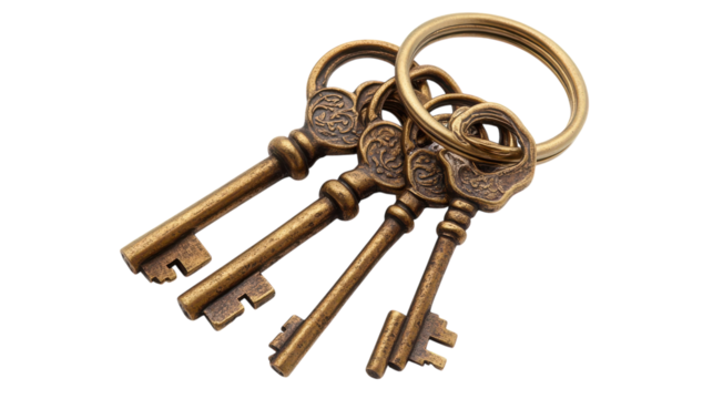 Set against a neutral background, four ornate bronze keys hang on a brass ring, evoking intrigue and nostalgia. Each key is uniquely designed, reflecting craftsmanship from a bygone era