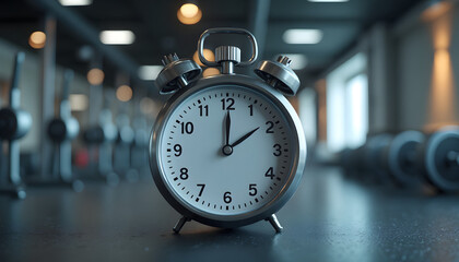 Close-up of a silver alarm clock on a gym bench with fitness equipment in the background
