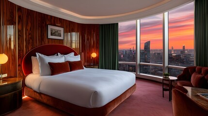 Luxurious hotel room with a stunning sunset view through large windows.