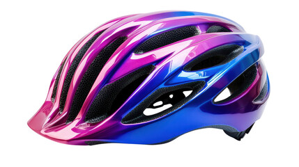 Fototapeta premium A colorful cycling helmet featuring a striking blend of pink and blue hues makes a bold statement while providing essential protection for cyclists during thrilling outdoor adventures