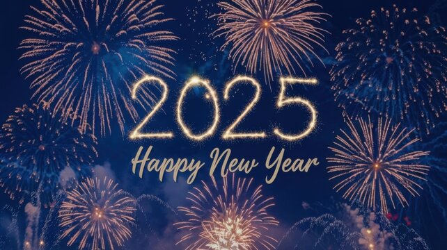 Fireworks display celebrating the New Year 2025 with festive text.