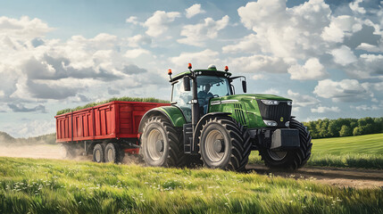 Obraz premium Tractor transporting hay along a dirt road under a blue sky with fluffy clouds near a green field