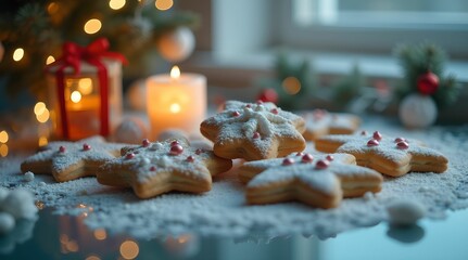Christmas cookies decorated with New Year toys lie on the festive table