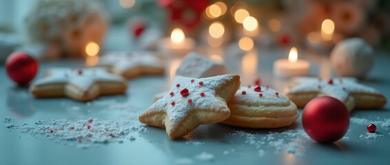 Obraz premium Christmas cookies decorated with New Year toys lie on the festive table