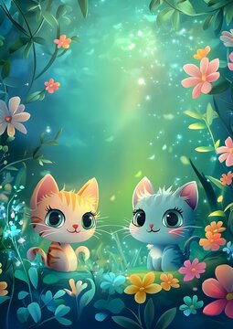 Two cute cartoon kittens surrounded by colorful flowers and a magical forest.