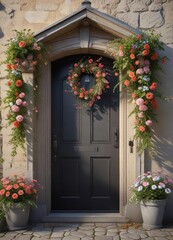 Naklejka premium A stunning floral wreath on the front door of a romantic cottage, outdoor decor, greenery, romantic cottages