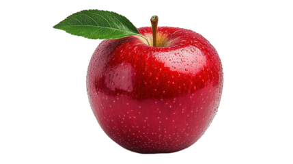 A bright red apple rests on a simple surface, adorned with droplets of dew that catch the light, showcasing its flawless skin and lush green leaf, a symbol of freshness and health