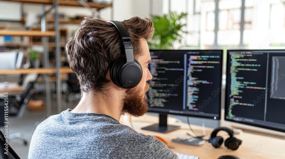 Poster man wearing headphones while coding on dual computer monitors