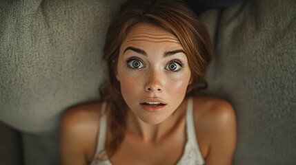 Fototapeta premium Close-up of a young woman indoors with a surprised and frightened expression, capturing emotions of shock and fear in a modern setting.