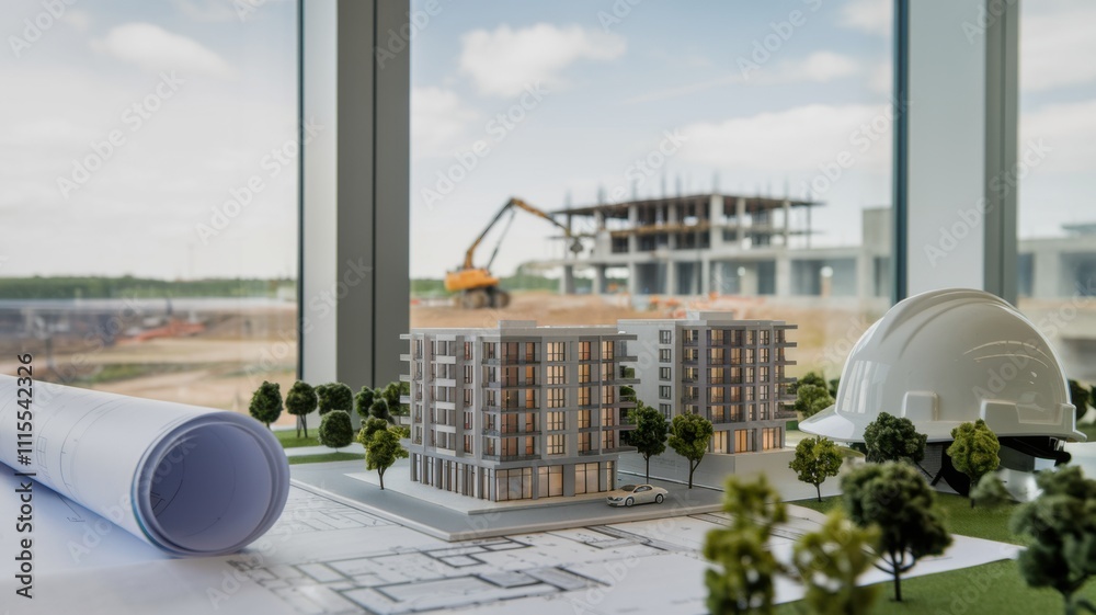 Poster a construction model displayed with blueprints and a building site in the background.