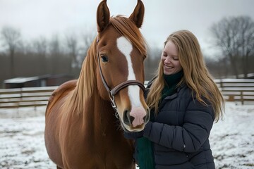Fototapeta premium A woman interacts with a horse in a snowy field, showcasing a bond with animals.