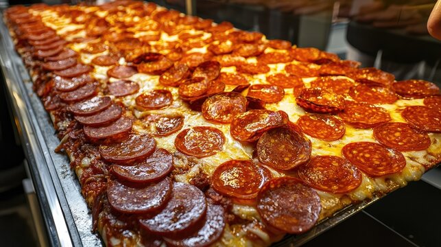 complete top view down of a extremely large charcuterie made out of pepperoni, and cheese, and tomato slices, extreme large display on counter top,