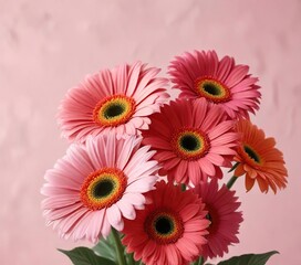 Bright colorful gerbera daisies on a soft pink background , colorful flowers, gerbera daisies