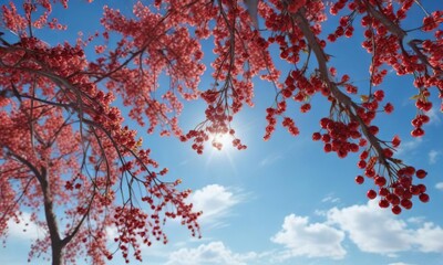 Cherry trees with red cherries and tails against a bright blue sky , landscape, sky