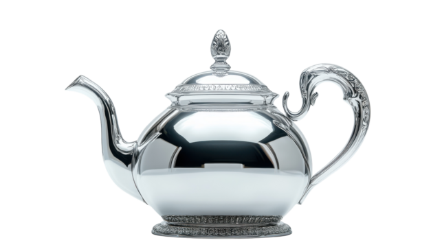 A stunning silver teapot captures attention with its polished surface and ornate handle, perfectly placed in a quiet space, inviting the warmth of tea moments