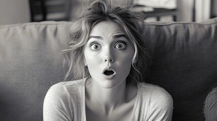 Close-up of a young woman indoors with a surprised and frightened expression, capturing emotions of shock and fear in a modern setting.