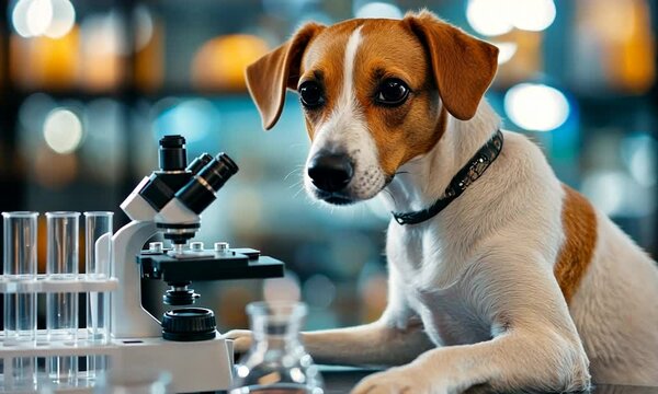 A curious dog examines a microscope in a lab setting surrounded by glassware and liquids.
