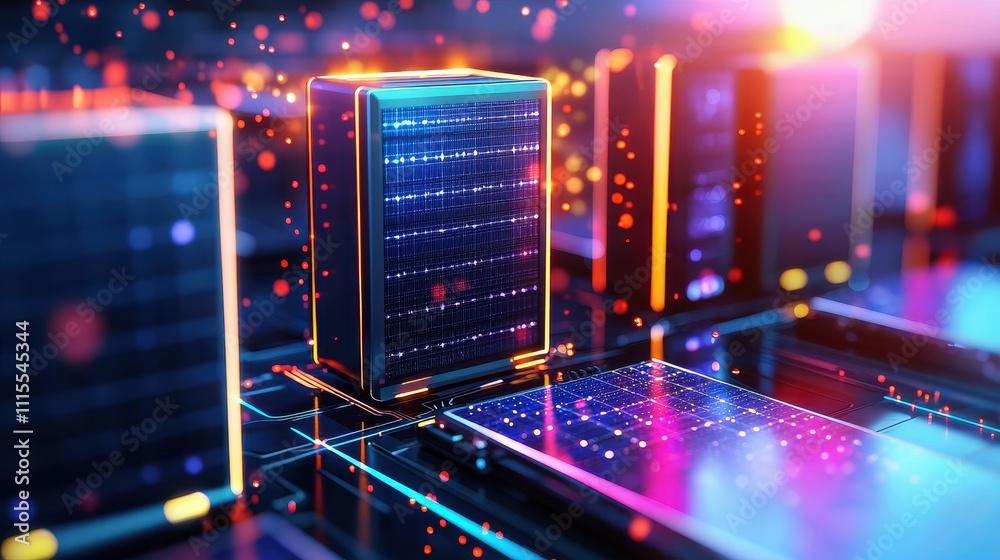 Poster digital network concept with servers and data flow visualization