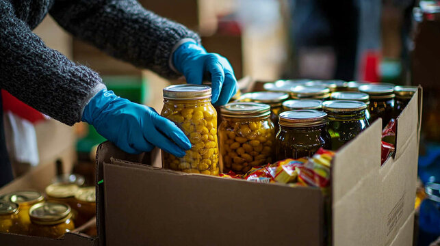 Hands in blue gloves organize jars of preserved food in a cardboard box at a community event
