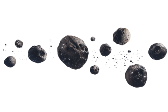 Group of asteroids, space objects on white canvas.