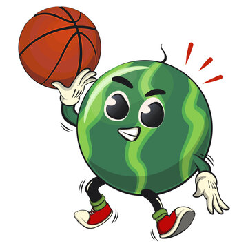 recommend clip art: cute watermelon cartoon character playing basketball, watermelon mascot cute cartoon characters for icon, mascot, logo, label, poster, banner, print, sticker, clip art