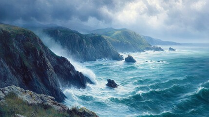 Fototapeta premium A Stormy Seascape with Rugged Cliffs and Foamy Waves
