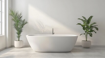 A modern bathroom featuring a freestanding tub and indoor plants for a serene atmosphere.