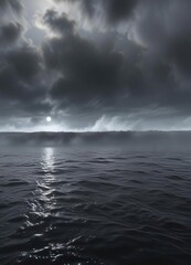 Fototapeta premium Dense fog bank rolling across a vast expanse of dark water, fog bank, weather phenomenon, silhouette