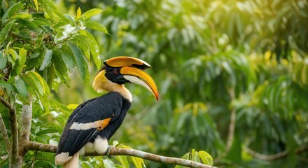 Majestic great hornbill in lush green jungle setting