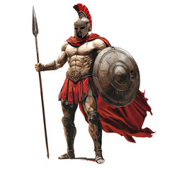 Obraz premium A Spartan warrior with a spear and shield, wearing a red cape and helmet, on a white background
