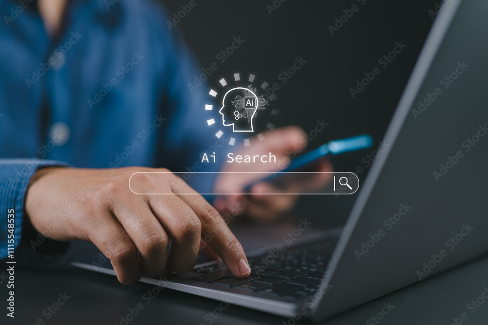 Poster Ai search tech concept, Man use smartphone and laptop with AI search engine bar for data search optimization by artificial intelligence technology.