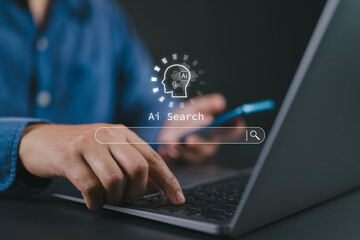 Ai search tech concept, Man use smartphone and laptop with AI search engine bar for data search...