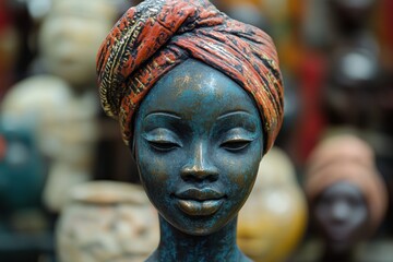 A close-up of a detailed African-inspired statue featuring a woman with a colorful headwrap. The artwork showcases cultural heritage and craftsmanship.