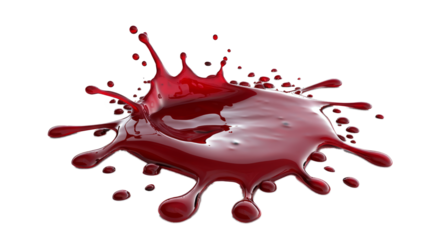 Blood splash hitting a flat surface, droplets scattered widely, isolated on a white background.