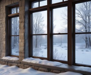 Fototapeta premium Frosty windows reflecting the snowy winter scene outside, cold winter air, icy glass, frozen panes