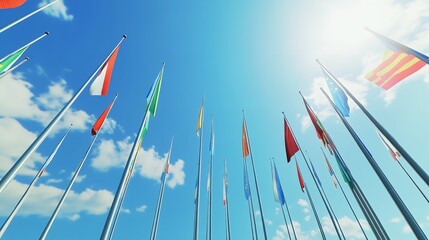 Fototapeta premium Various flags of the world against the blue sky.