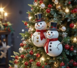 Obraz premium Glittery snowmen and festive holly leaves adorn a sparkling Christmas tree, greenery, glittery snowman