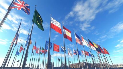 Various flags of the world against the blue sky.