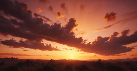 Obraz premium Golden hues of sunset with vibrant oranges and reds spreading across the sky, vast landscape, panoramic sunset sky, serene atmosphere