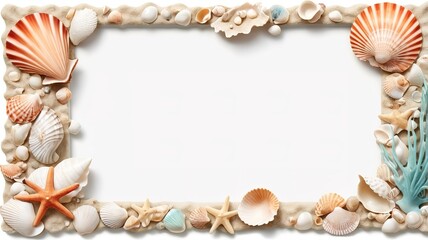 Obraz premium Decorative seashell picture frame, beach-themed 2D cartoon design, on a white background. 