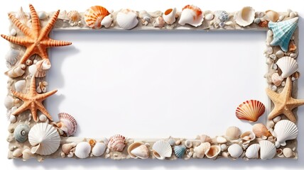 Obraz premium Handmade picture frame adorned with seashells, 2D cartoon illustration on a white backdrop. 