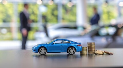 A miniature blue car beside coins in a dealership setting, symbolizing finance and purchasing.