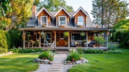 Charming wooden house with a landscaped garden and inviting porch.