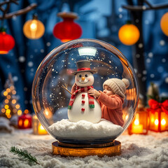 Christmas snow globe. Crystal snowball with winter landscape, Snowman with girl, children and garlands. Winter holiday snowball with snowflakes and snowman. Color isolated illustrations 