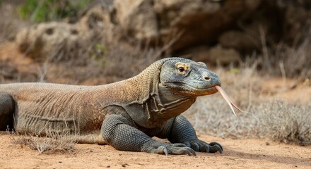 Fototapeta premium Komodo dragon in natural habitat on rinca island, indonesia