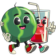 cute watermelon cartoon character walk with a glass juice ice character while giving a peace and giving an ok sign, watermelon mascot cute cartoon for icon, mascot, logo, poster, sticker, clip art